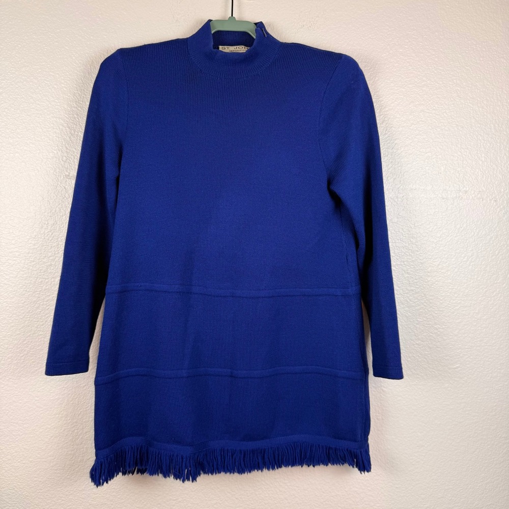 Vtg St. John Knit Tunic Top Women S Royal Blue Santan Knit Fringe Timeless USA
